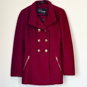 Guess Double-Breasted Pea Coat in Burgundy Red with Gold Buttons - Size: Small